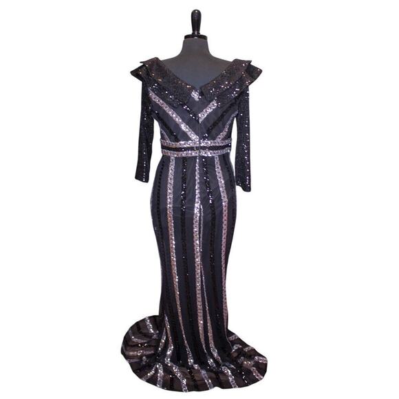 Reseda Sequin Gown Formal Black Silver Sparkle Floor Length Maxi Event - Picture 3 of 5